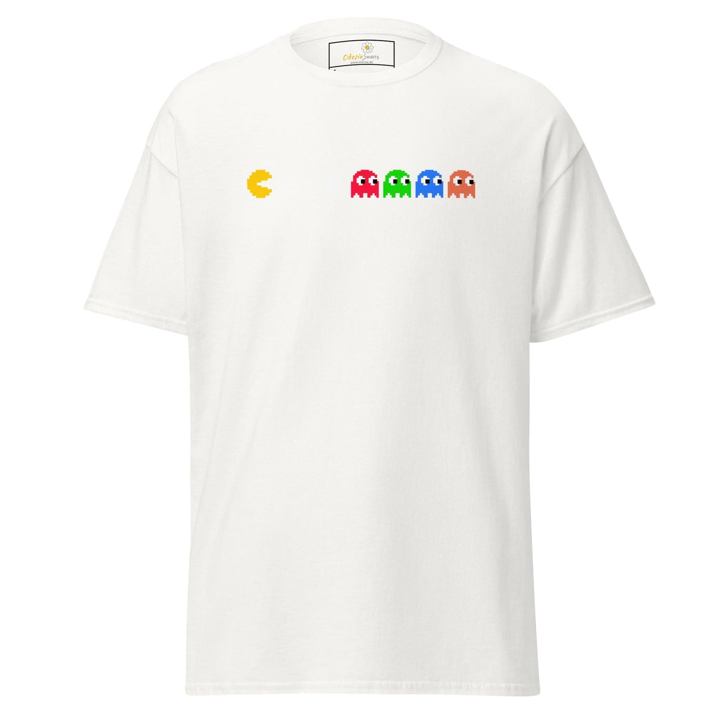 White T-shirt with Pac-Man design, suitable for men and women, sizes S to XL