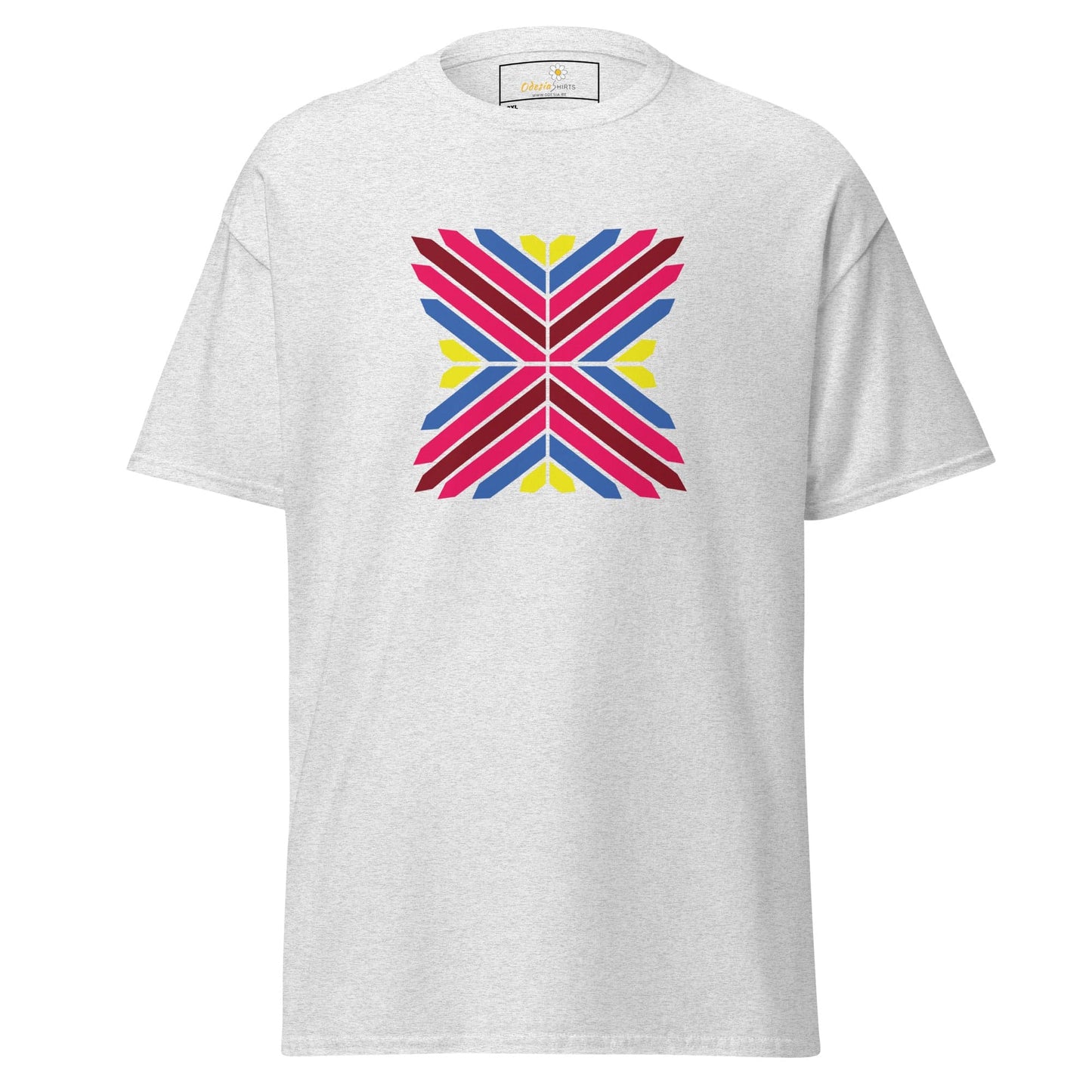 White t-shirt with colorful geometric design for Men and Women in 2XL to 5XL sizes