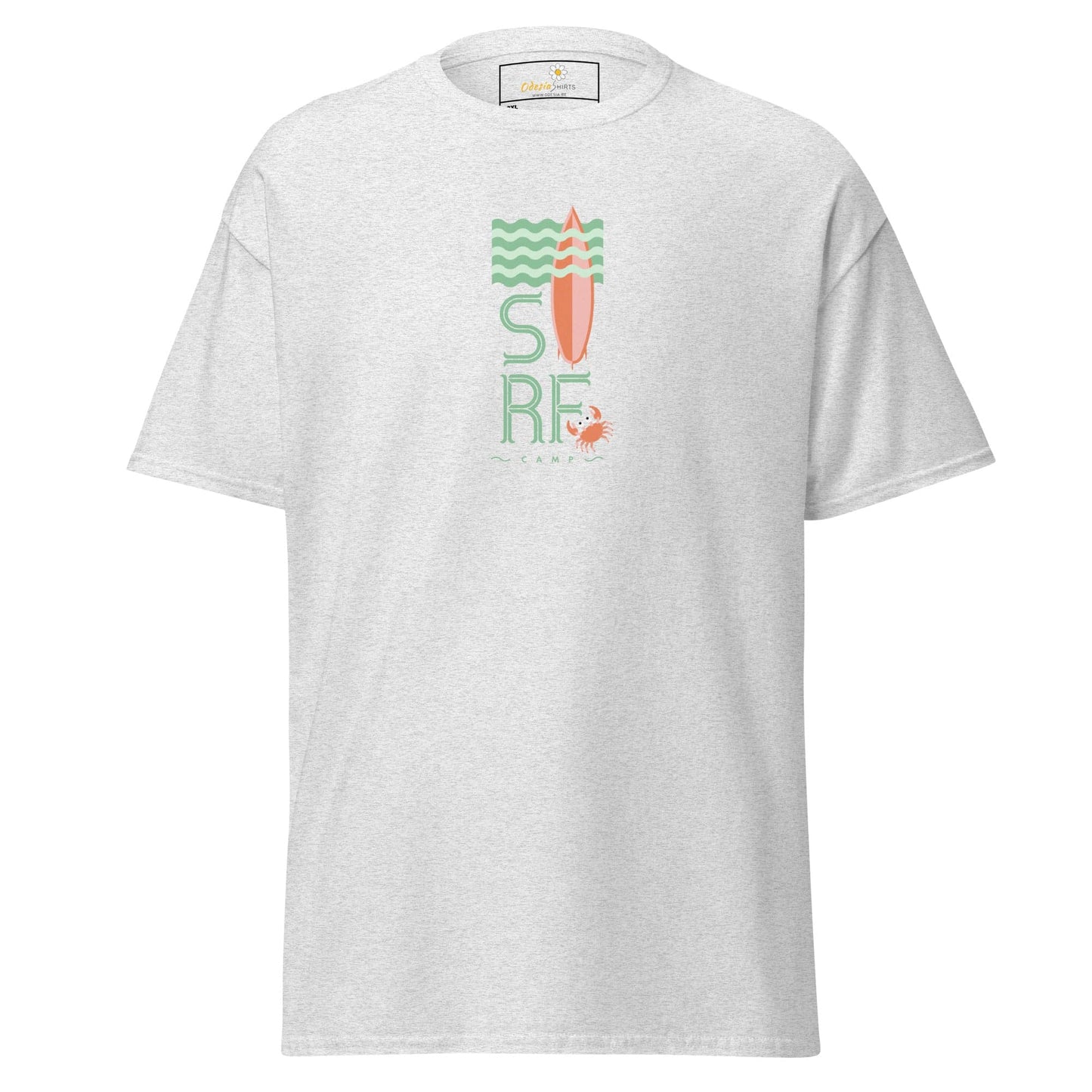 White t-shirt with surf design.