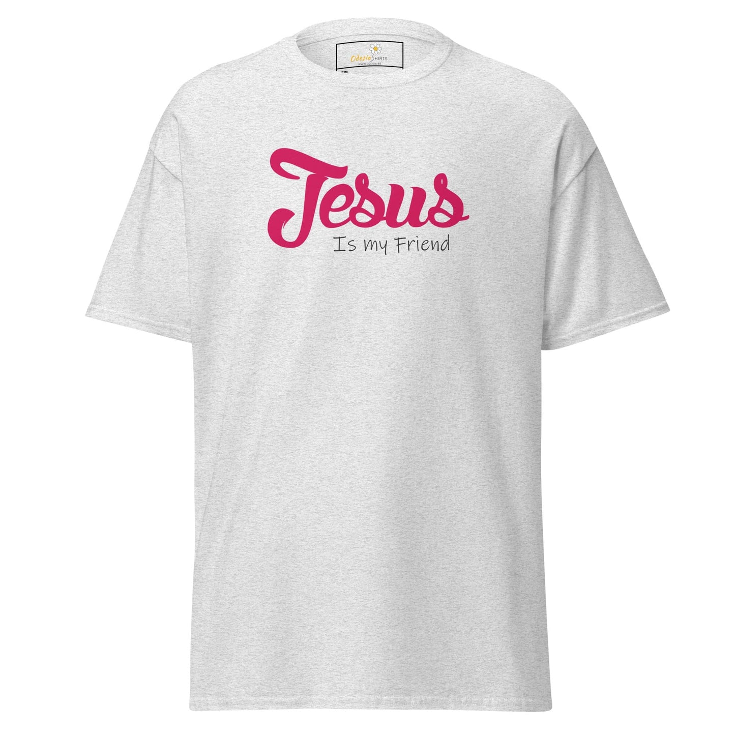White t-shirt with ’Jesus is my friend’ text.