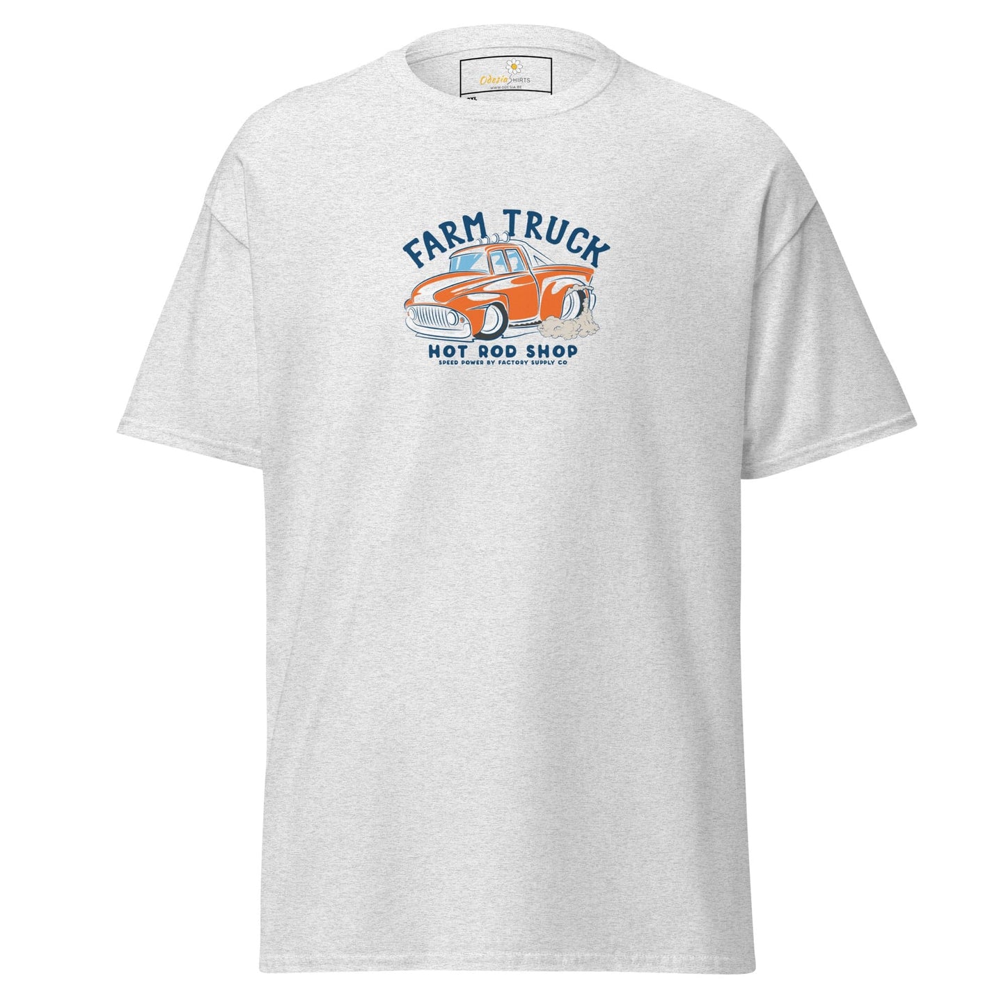 White t-shirt with truck graphic.