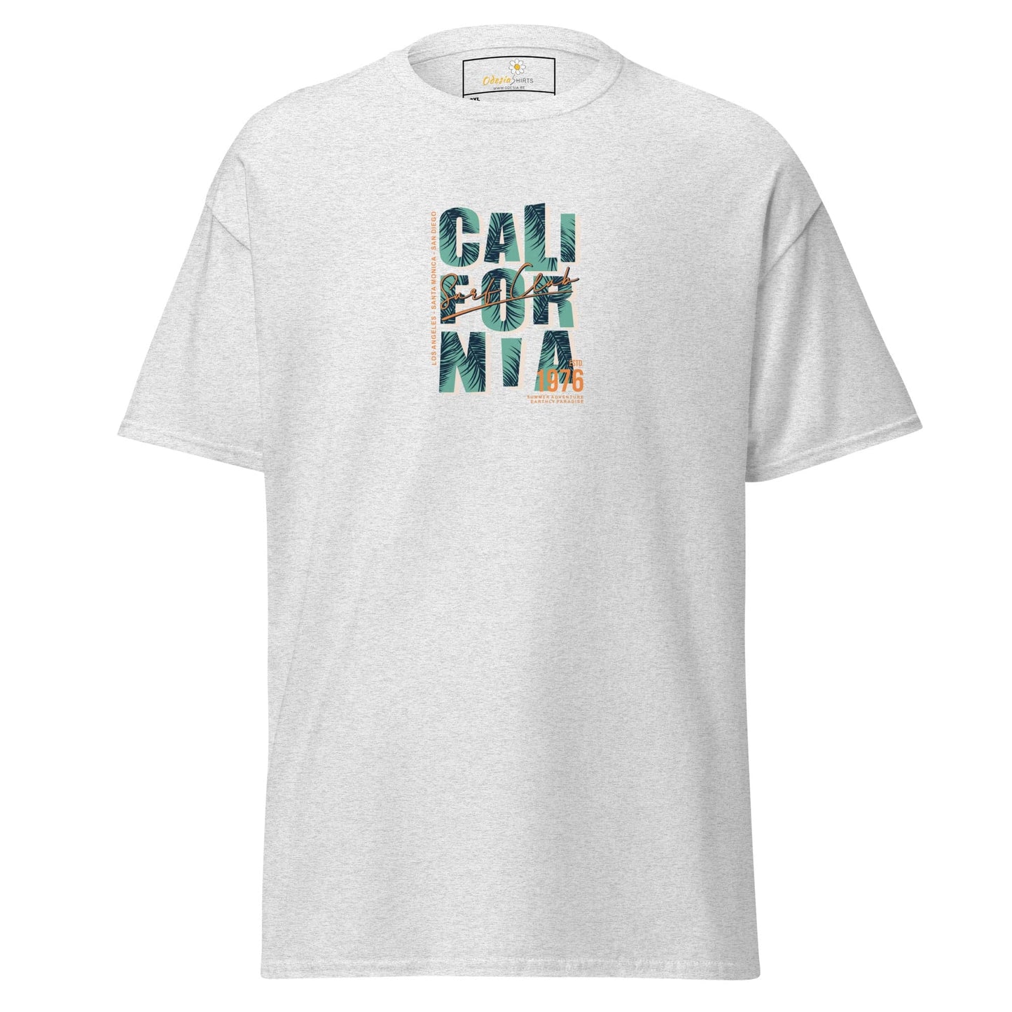 White t-shirt with ’California’ graphic.
