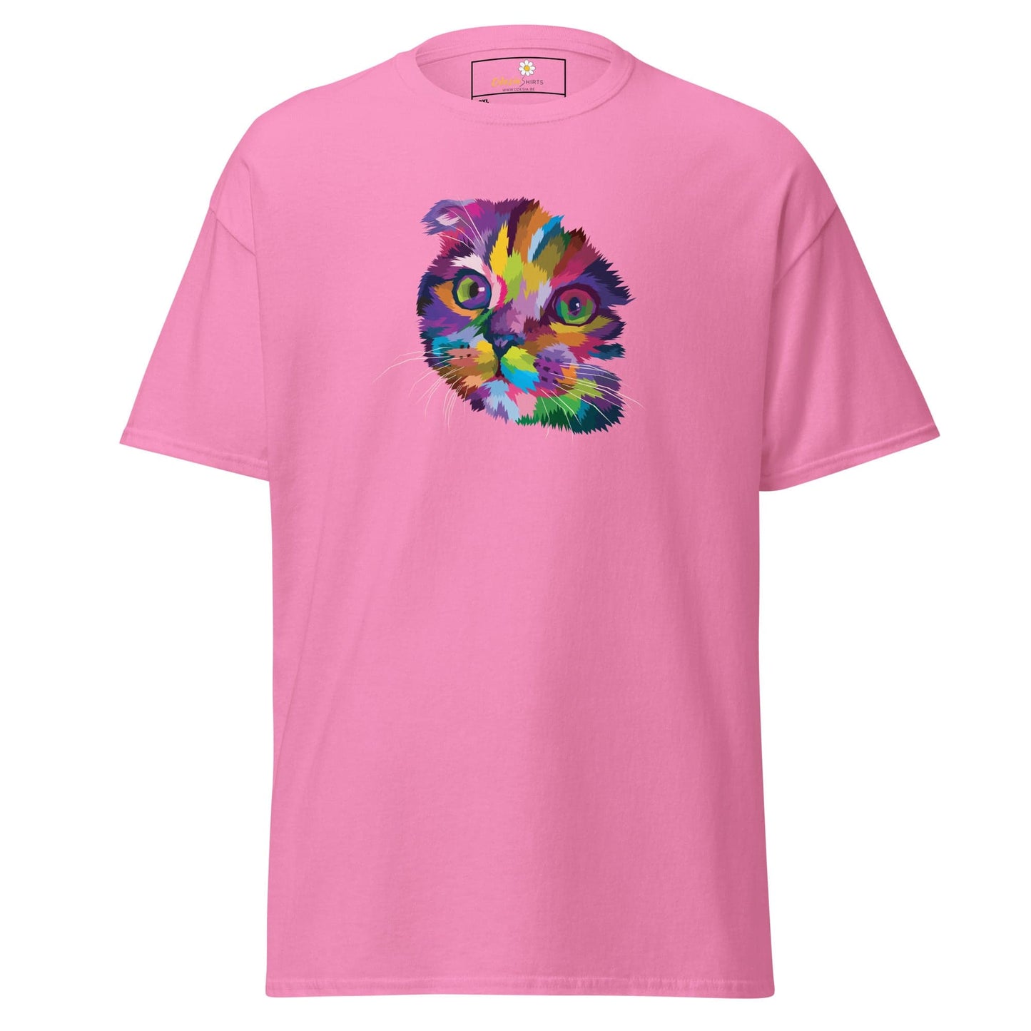 Pink T-shirt with colorful cat graphic for men and women available in 2XL to 5XL sizes