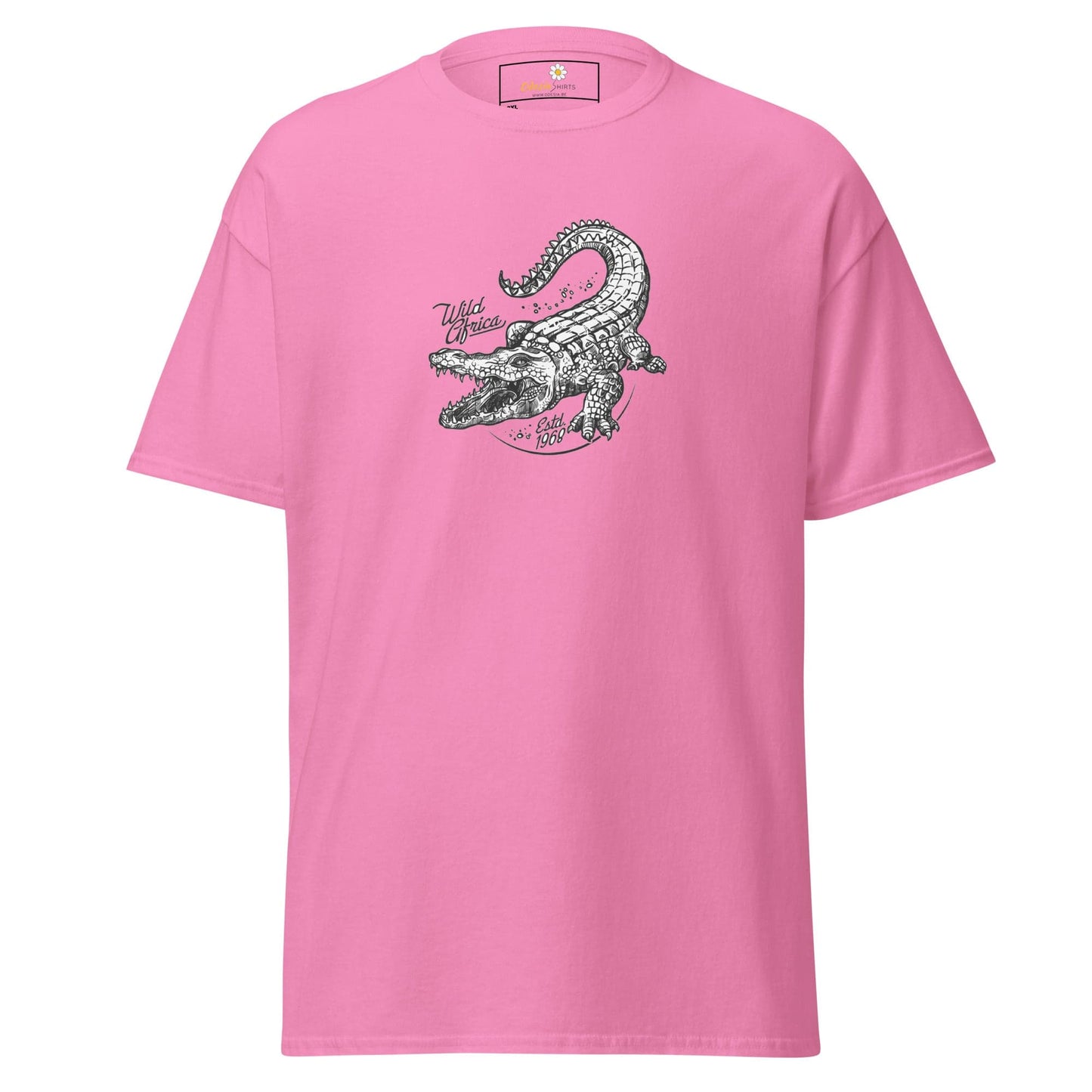 Pink t-shirt with crocodile graphic.