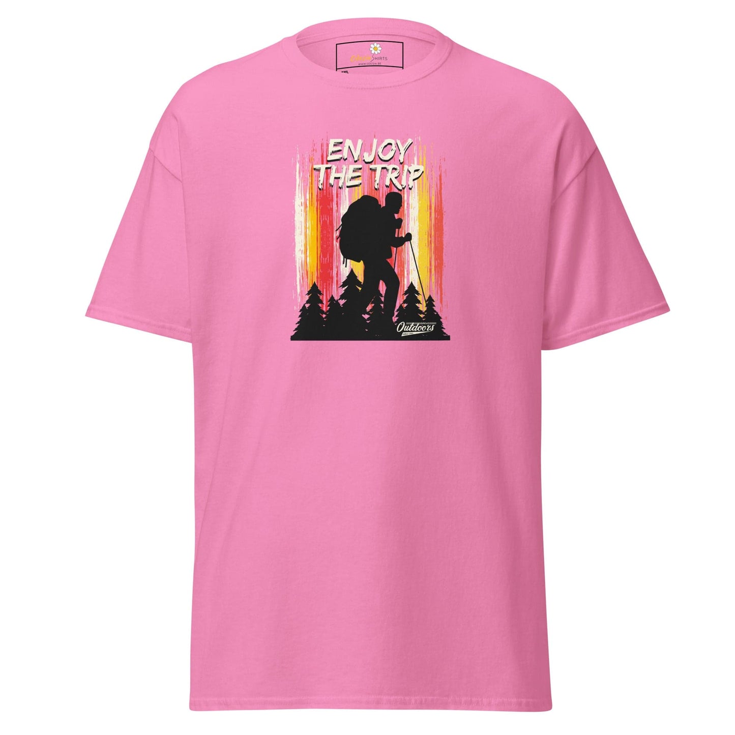 Pink t-shirt with hiker graphic.