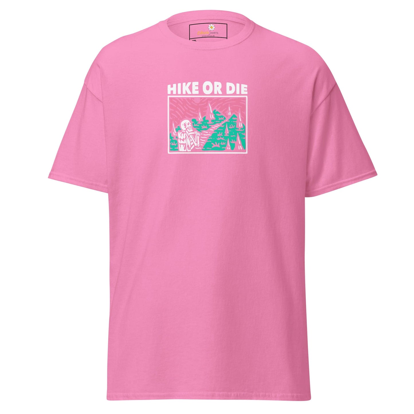 Pink t-shirt with ’Hike or Die’ graphic.