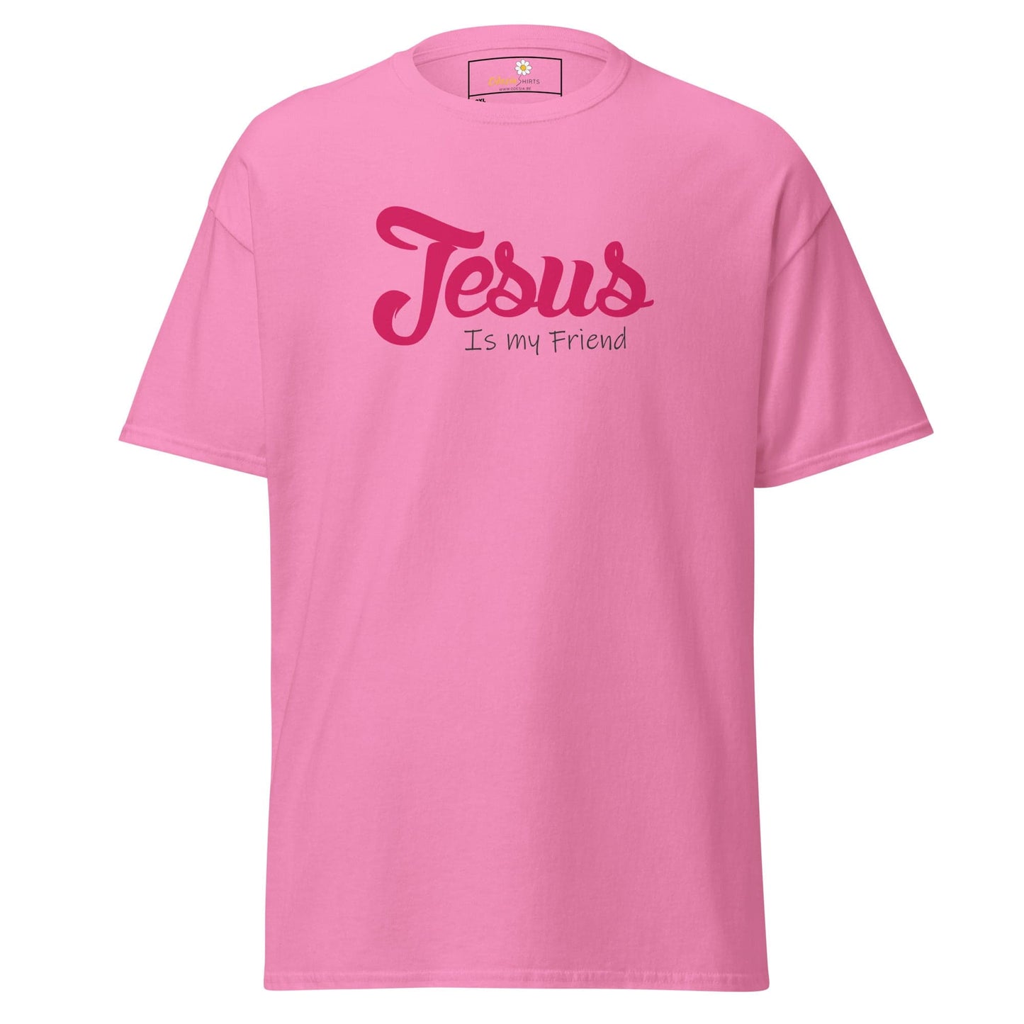 Pink t-shirt with ’Jesus is my friend’ text.