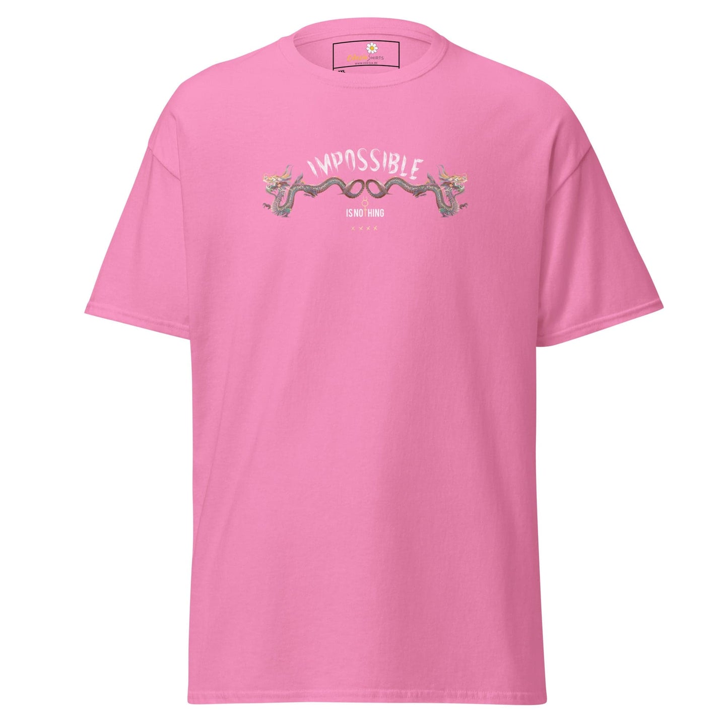 Pink t-shirt with dragon design.