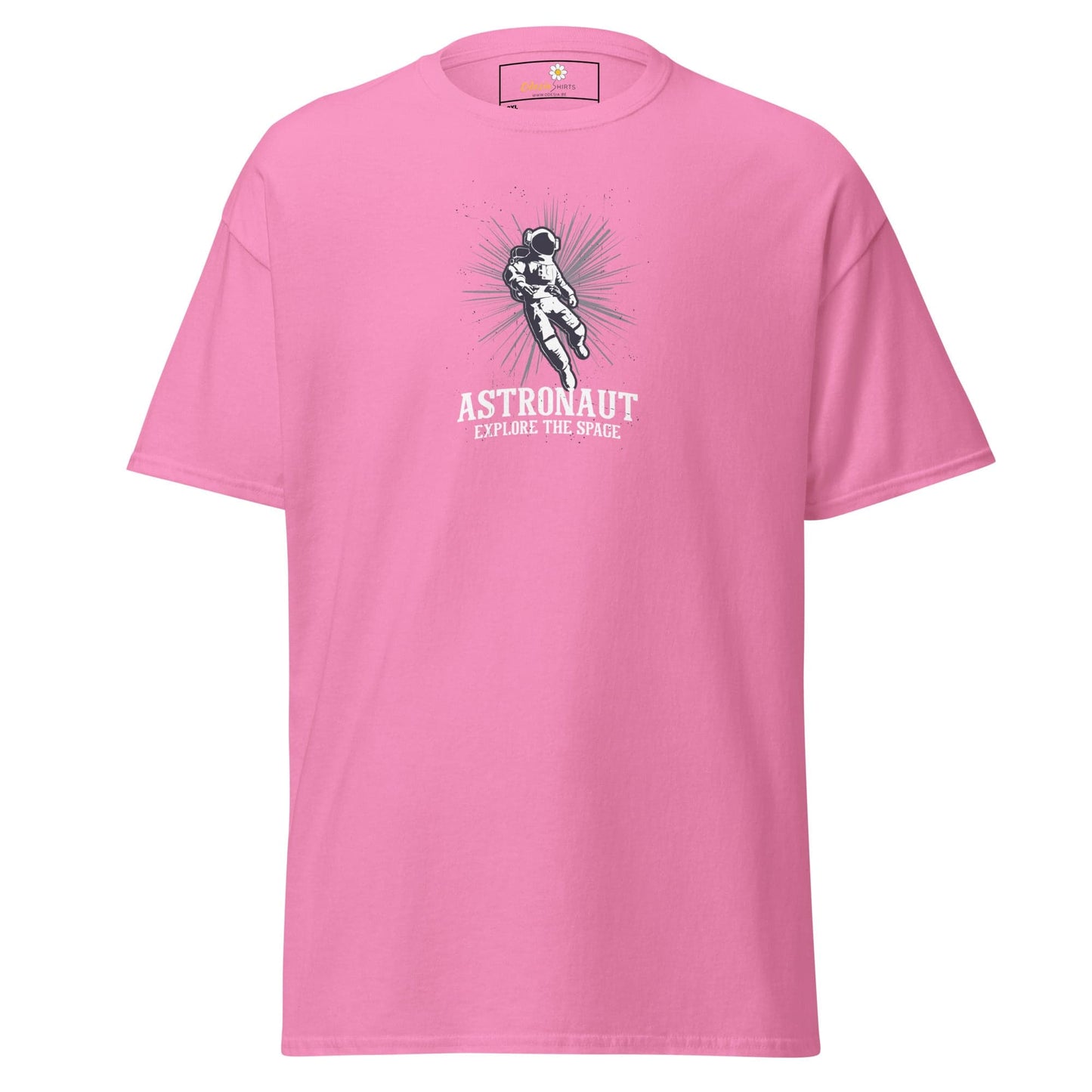 Pink astronaut T-shirt displayed in men’s and women’s T-SHIRT DESIGN TEE available in 2XL to 5XL sizes