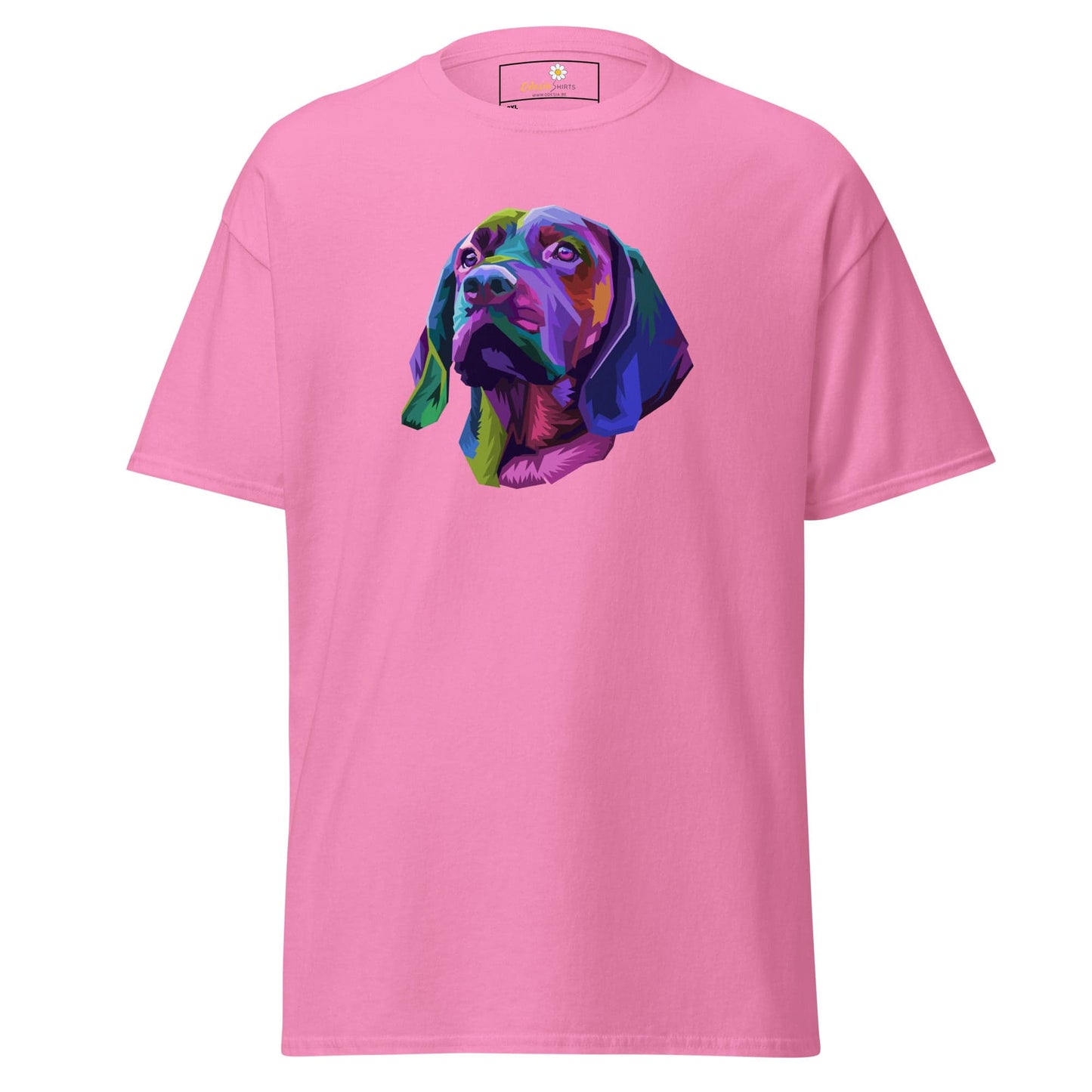 Pink T-shirt featuring a colorful dog portrait, suitable for Men and Women sizes 2XL to 5XL