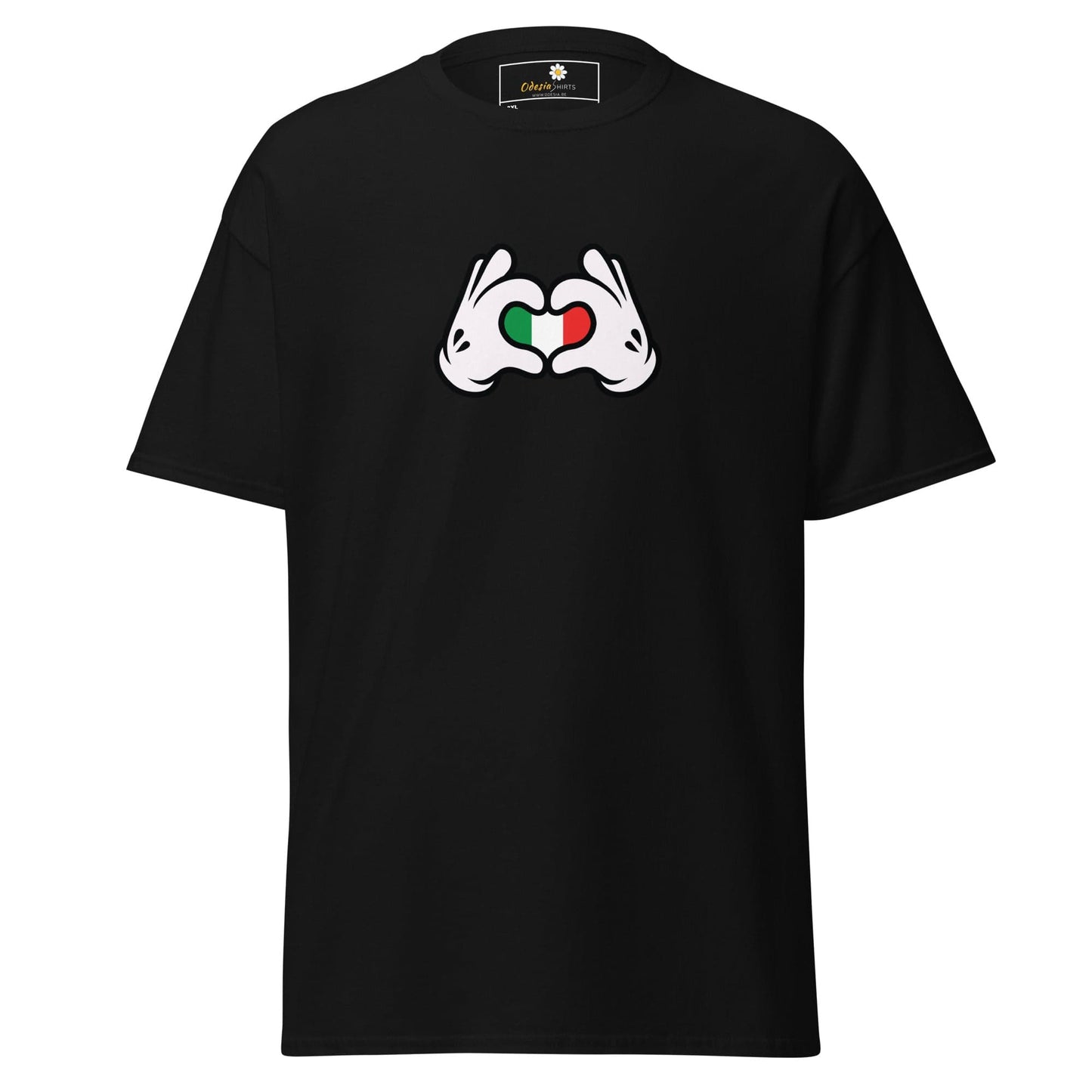 Black t-shirt with Italian flag heart hands.