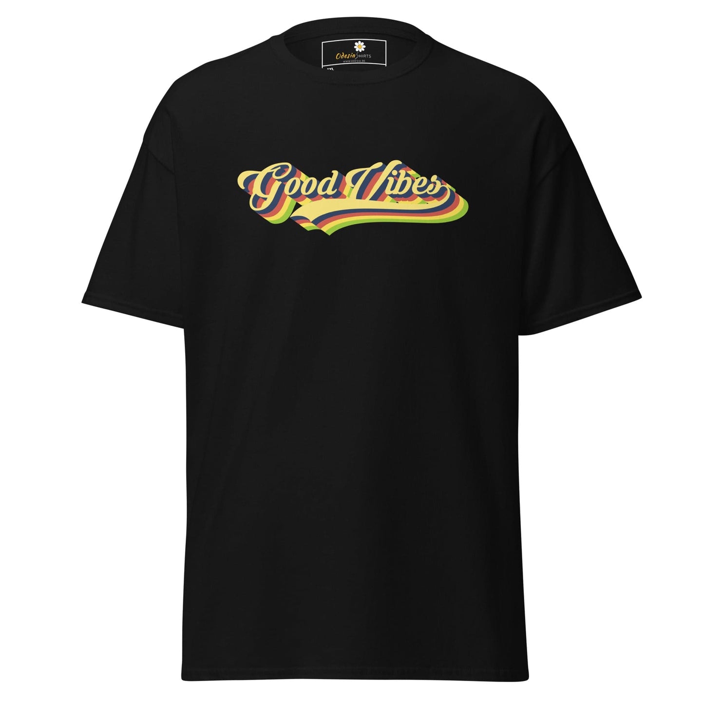 Black t-shirt with ’Good Vibes’ graphic.