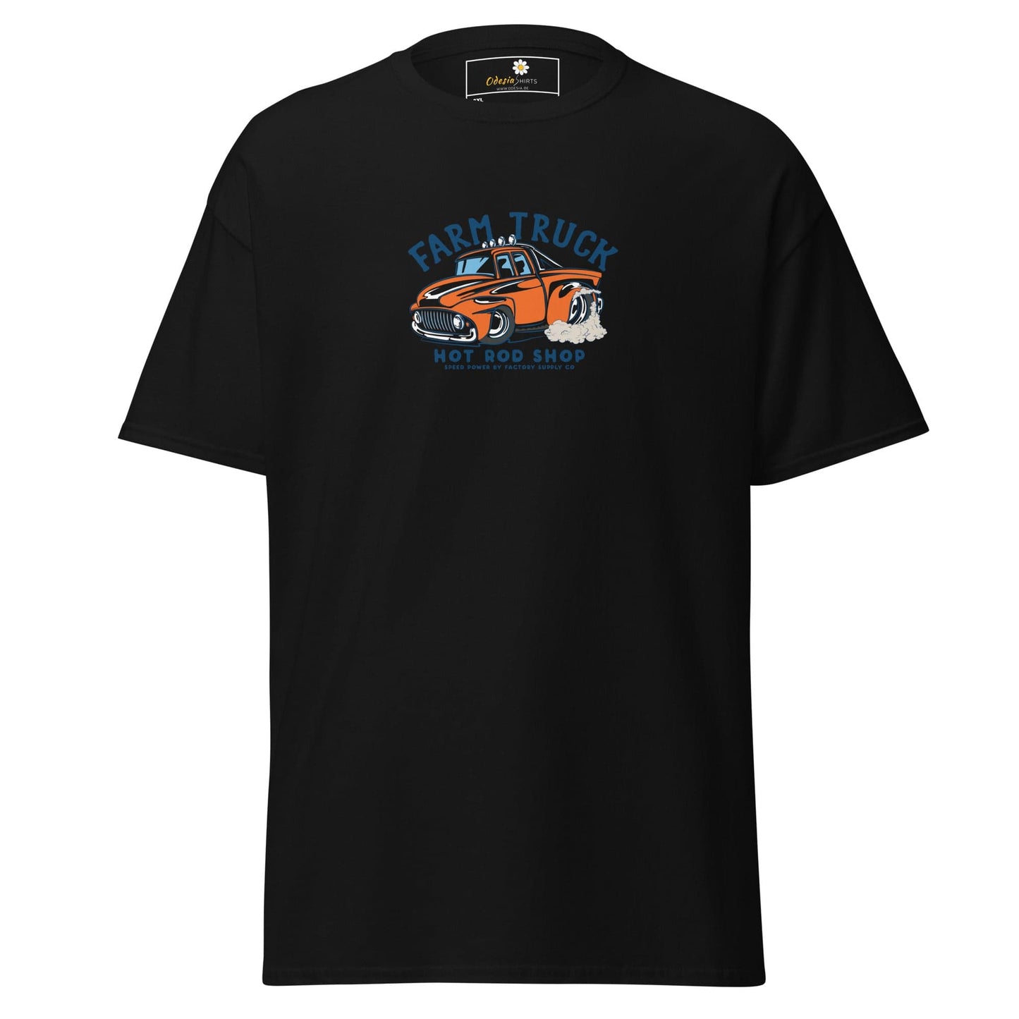 Black t-shirt with a truck graphic.