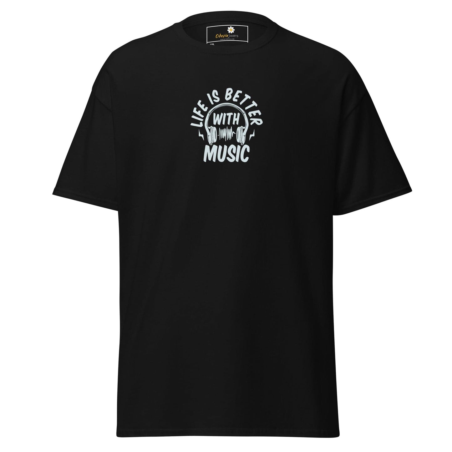 Black T-shirt with music graphic for men and women in sizes 2XL to 5XL
