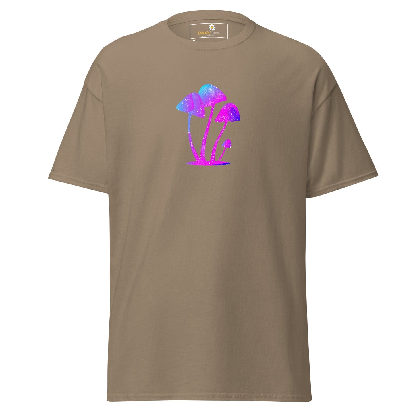 Khaki t-shirt with mushroom graphic.