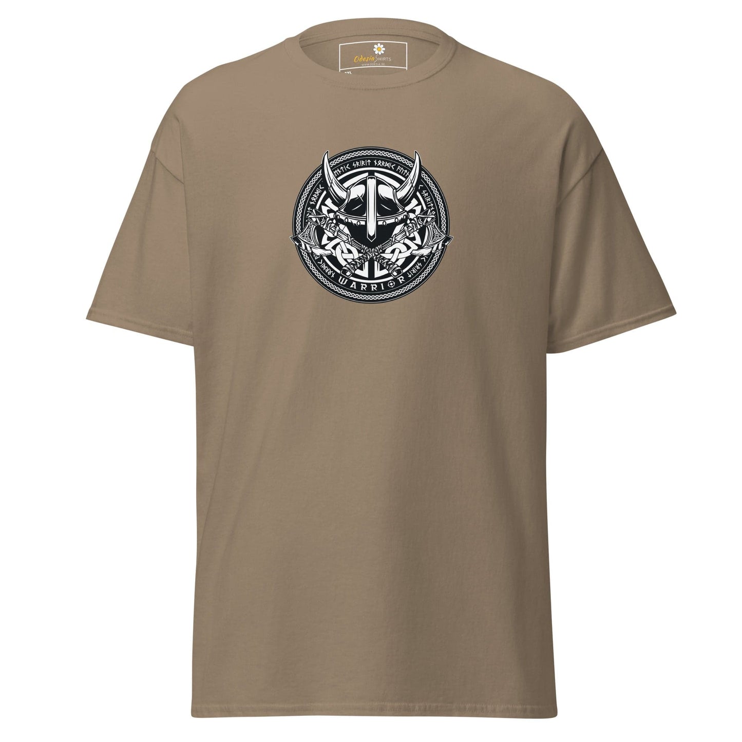 Khaki t-shirt with a circular Viking warrior graphic.