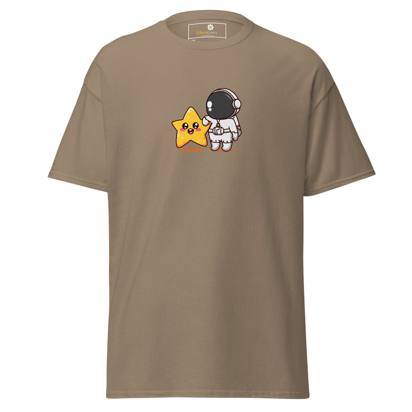 Khaki t-shirt with cartoon astronaut and star.
