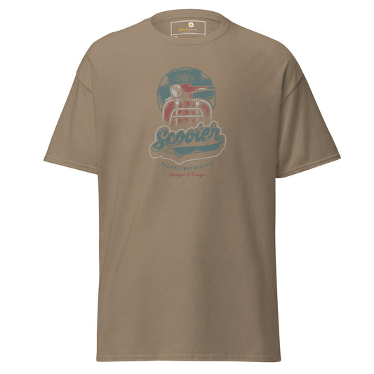Khaki t-shirt with scooter graphic.