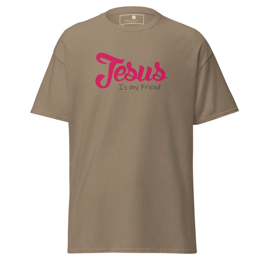 Khaki t-shirt with pink text.