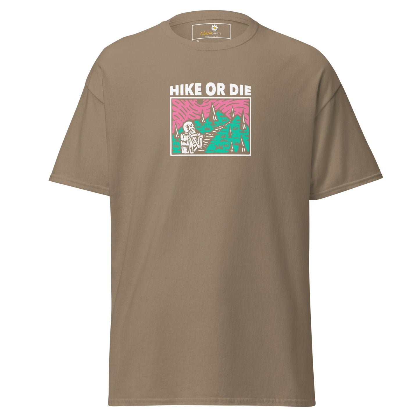 Khaki t-shirt with ’Hike or Die’ graphic.