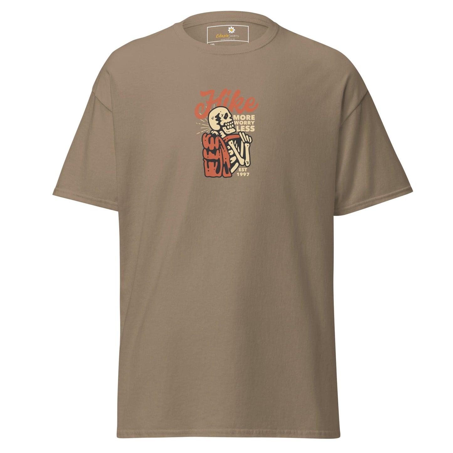 Khaki t-shirt with skeleton graphic.