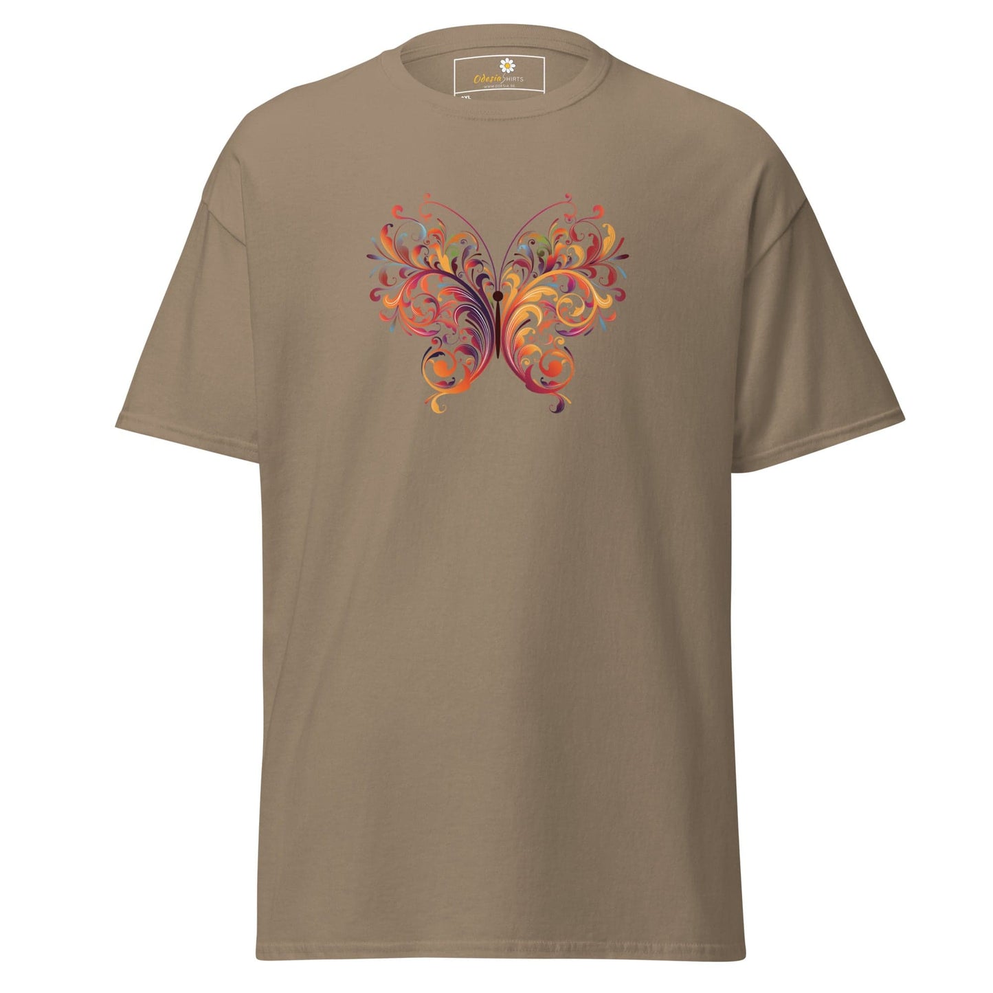 Khaki T-shirt with butterfly design for men and women in sizes 2XL to 5XL