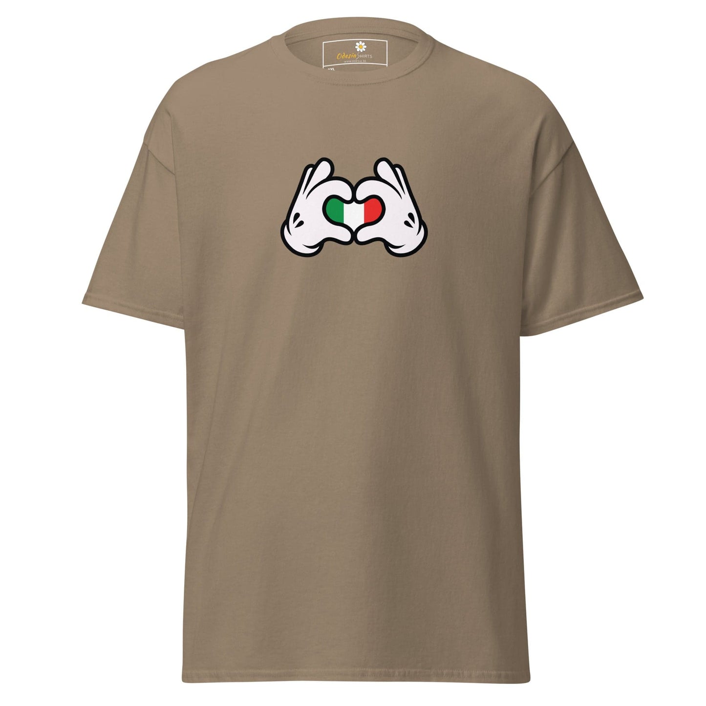 Khaki t-shirt with cartoon hands forming a heart with the Italian flag.