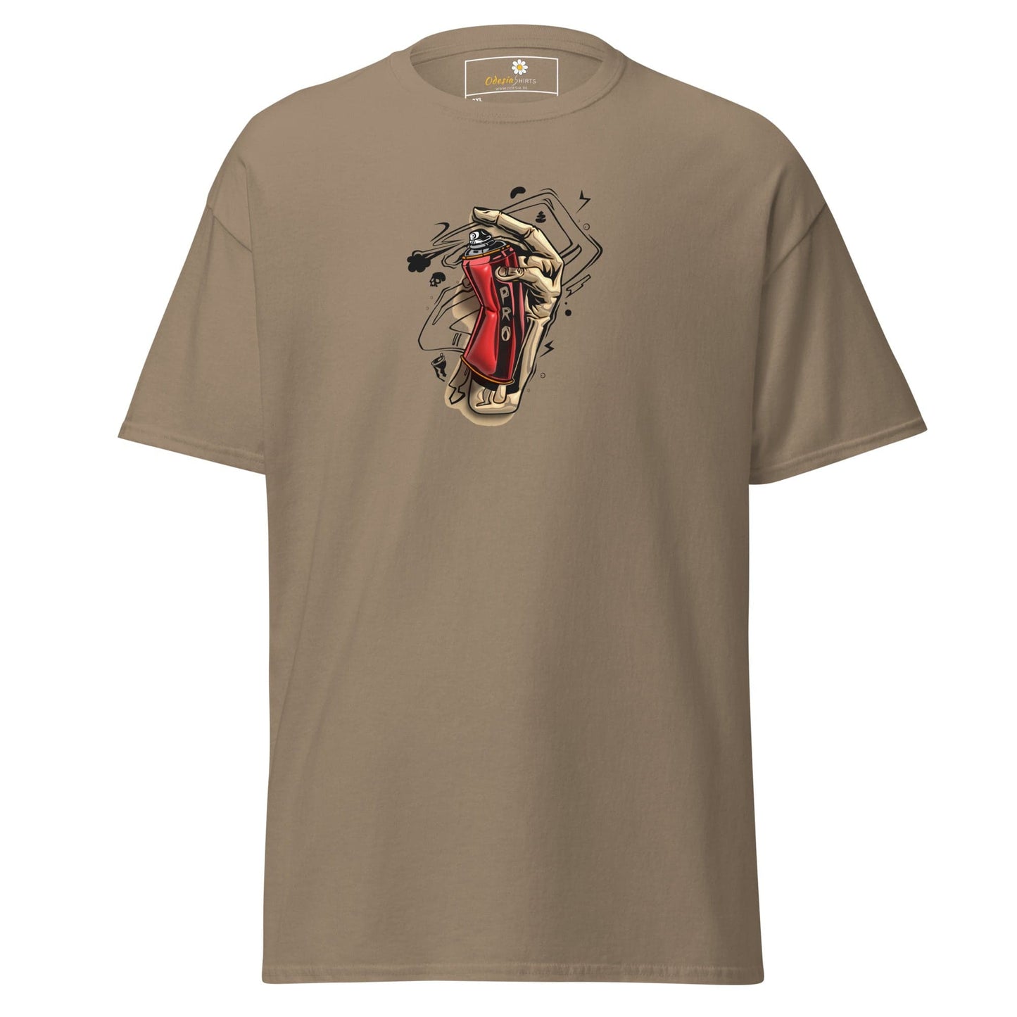 Khaki-colored t-shirt with graphic.