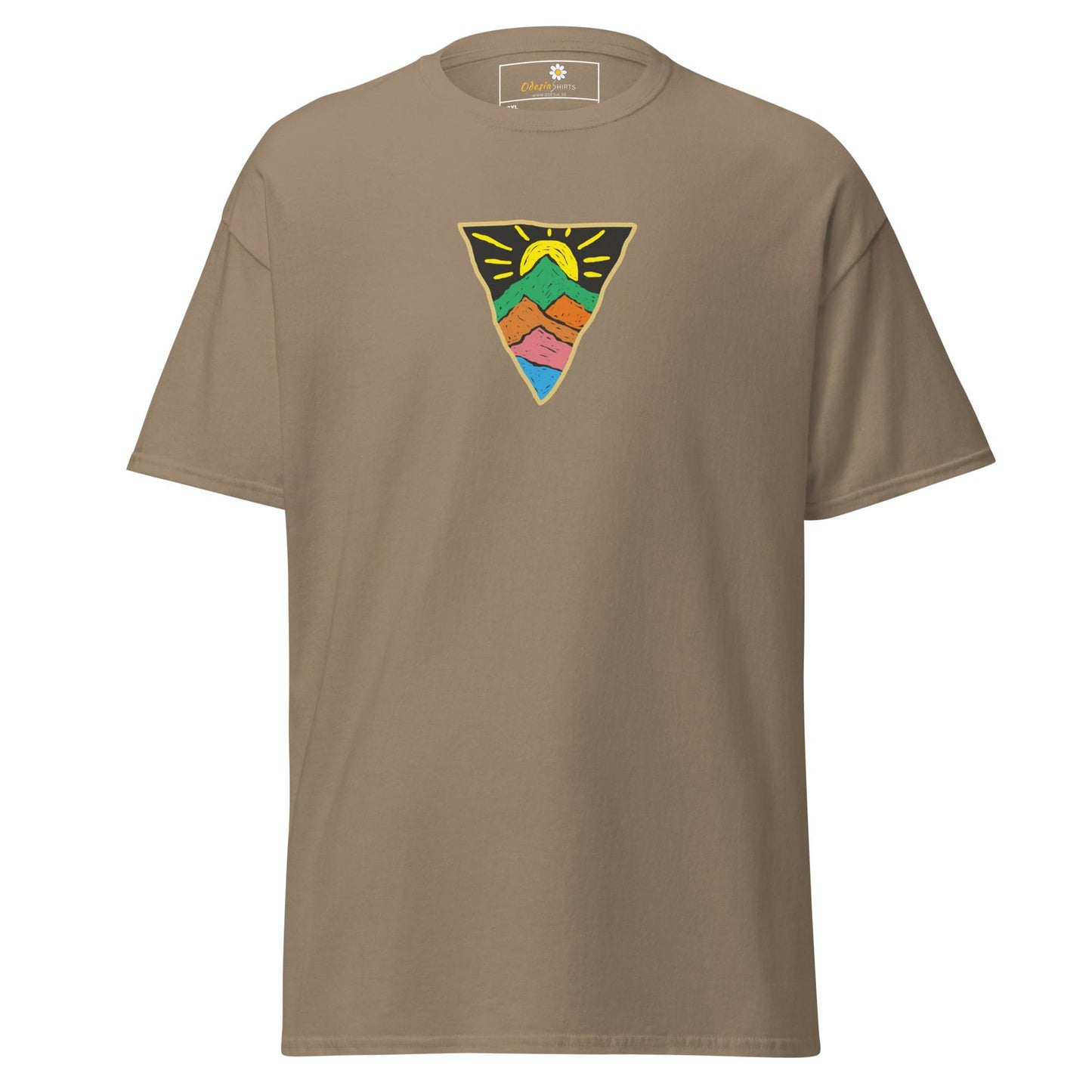 Khaki T-shirt with mountain and sun graphic for men and women in 2XL to 5XL sizes