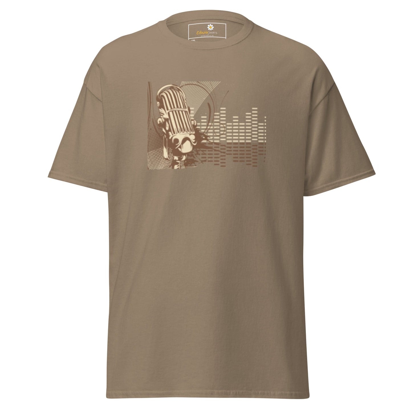 Khaki T-shirt with microphone graphic for men and women in 2XL to 5XL sizes
