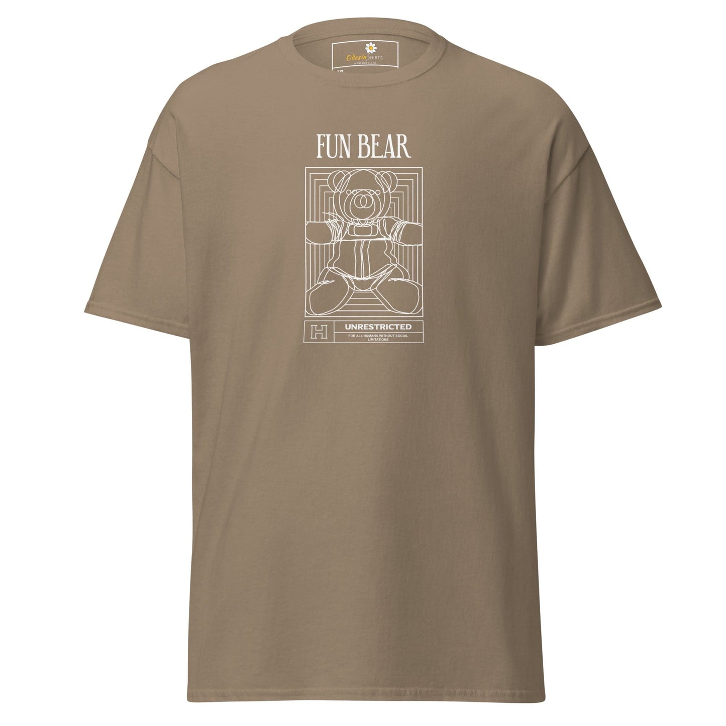 Khaki t-shirt with bear graphic.