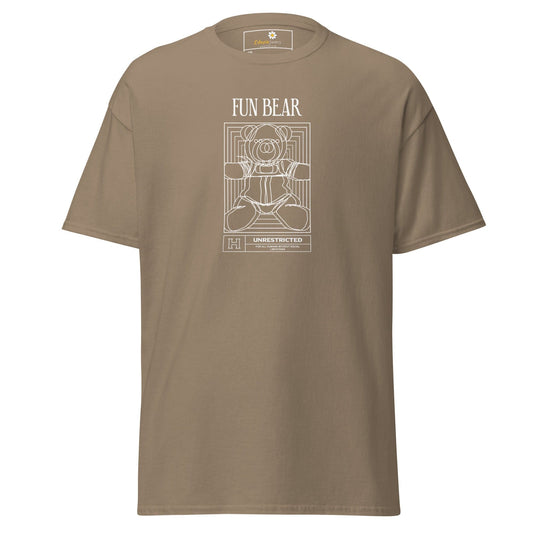 Khaki t-shirt with bear graphic.