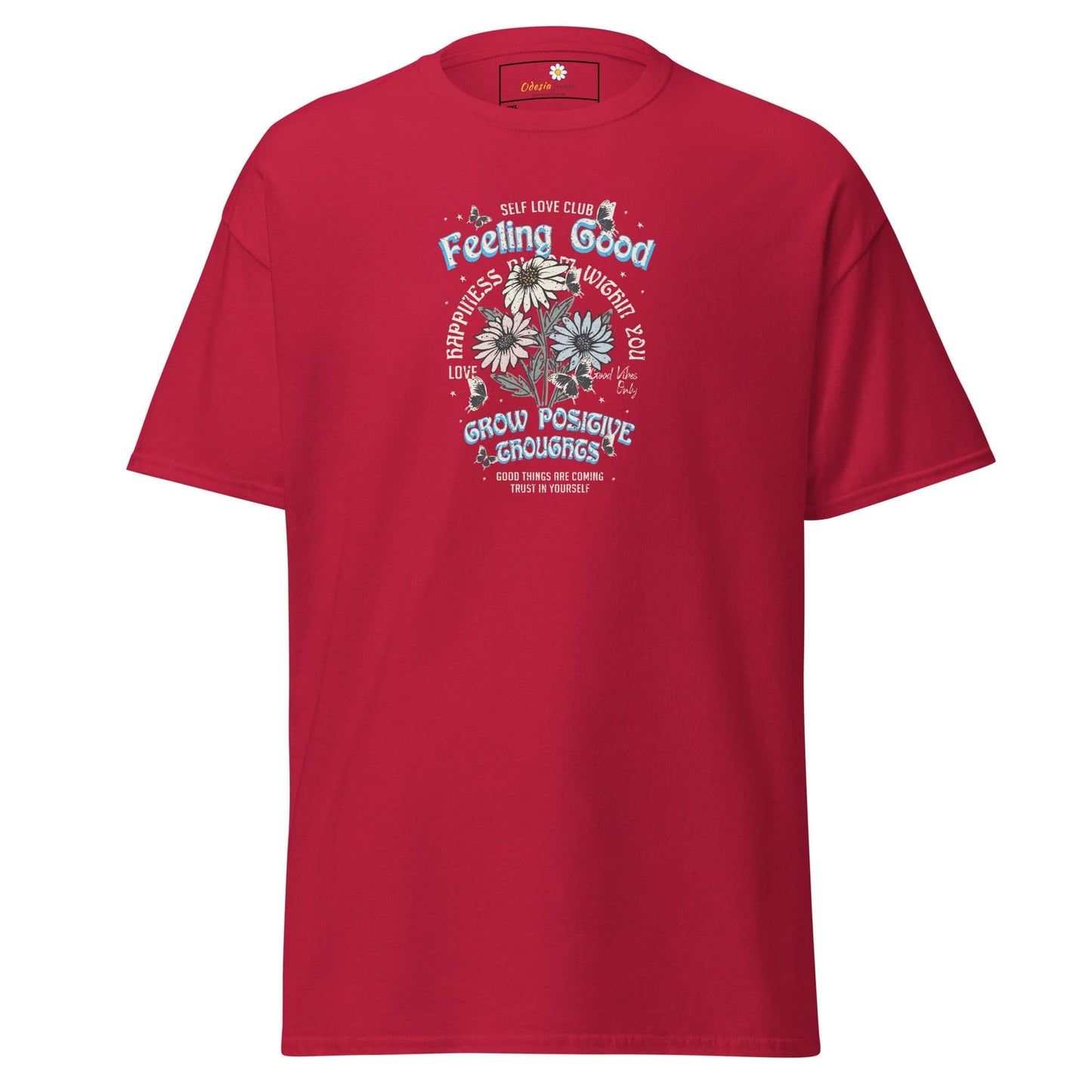 Red t-shirt with floral graphic.