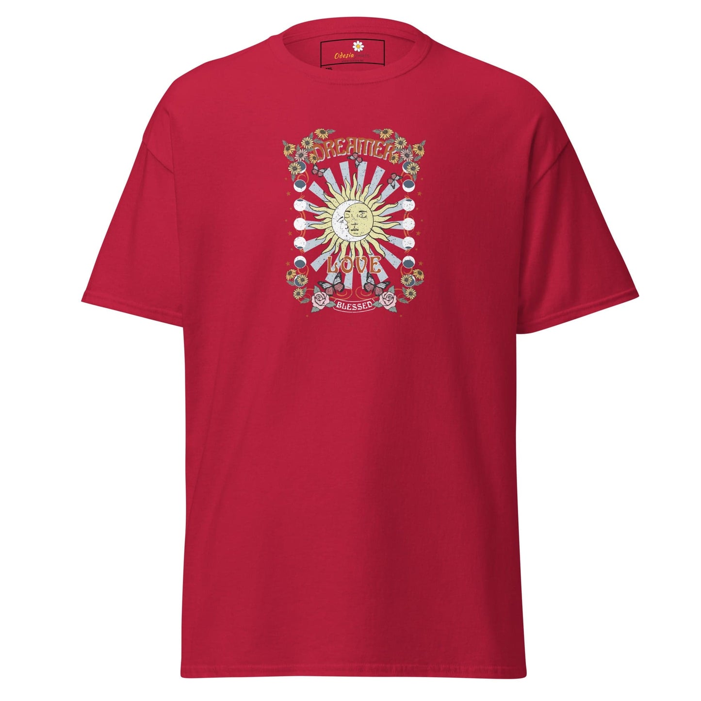 Red t-shirt with sun graphic.