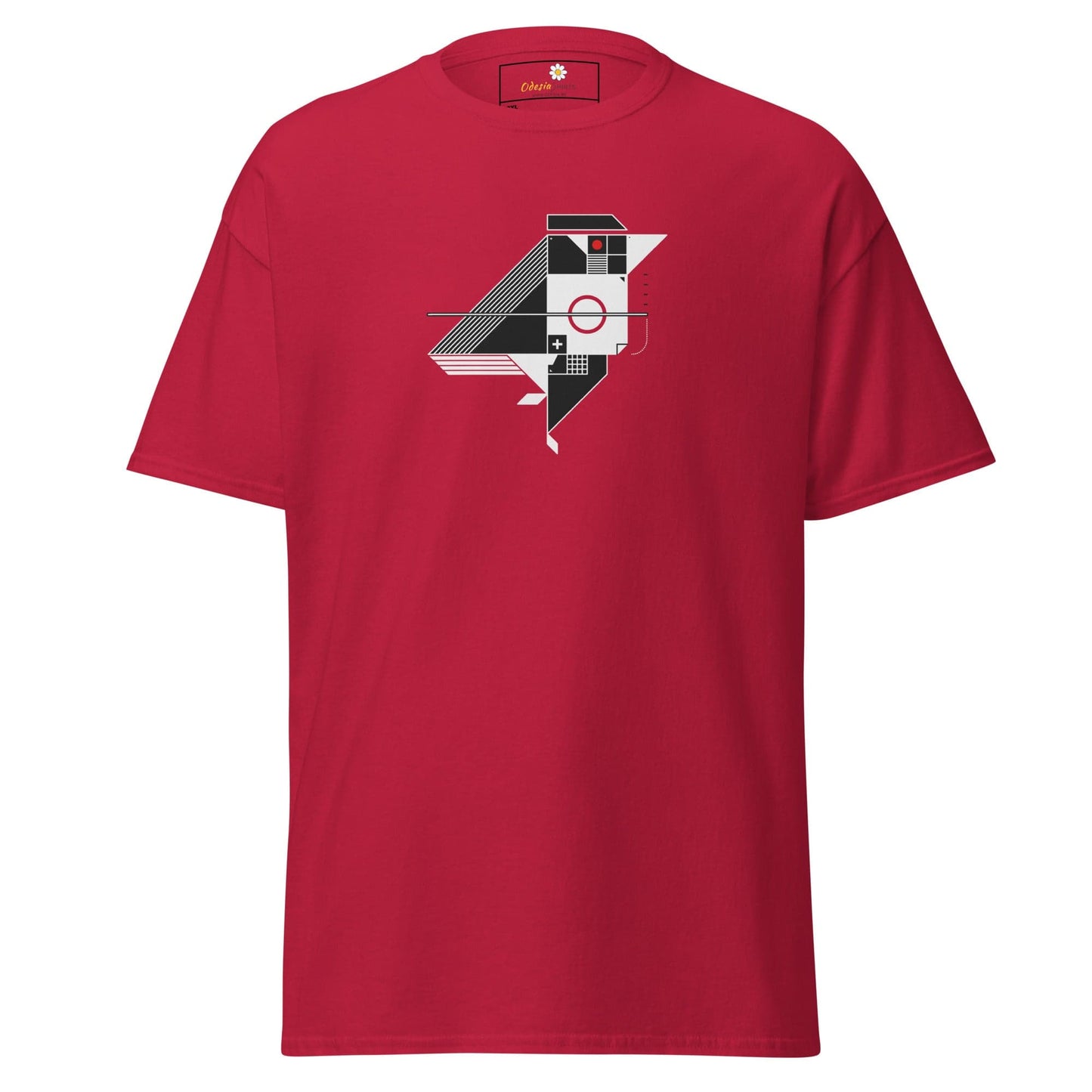 Red t-shirt with geometric bird design.