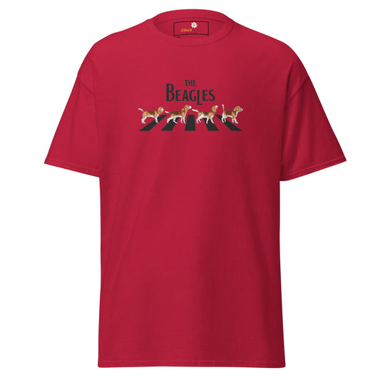 Red t-shirt with ’The Beagles’ graphic.