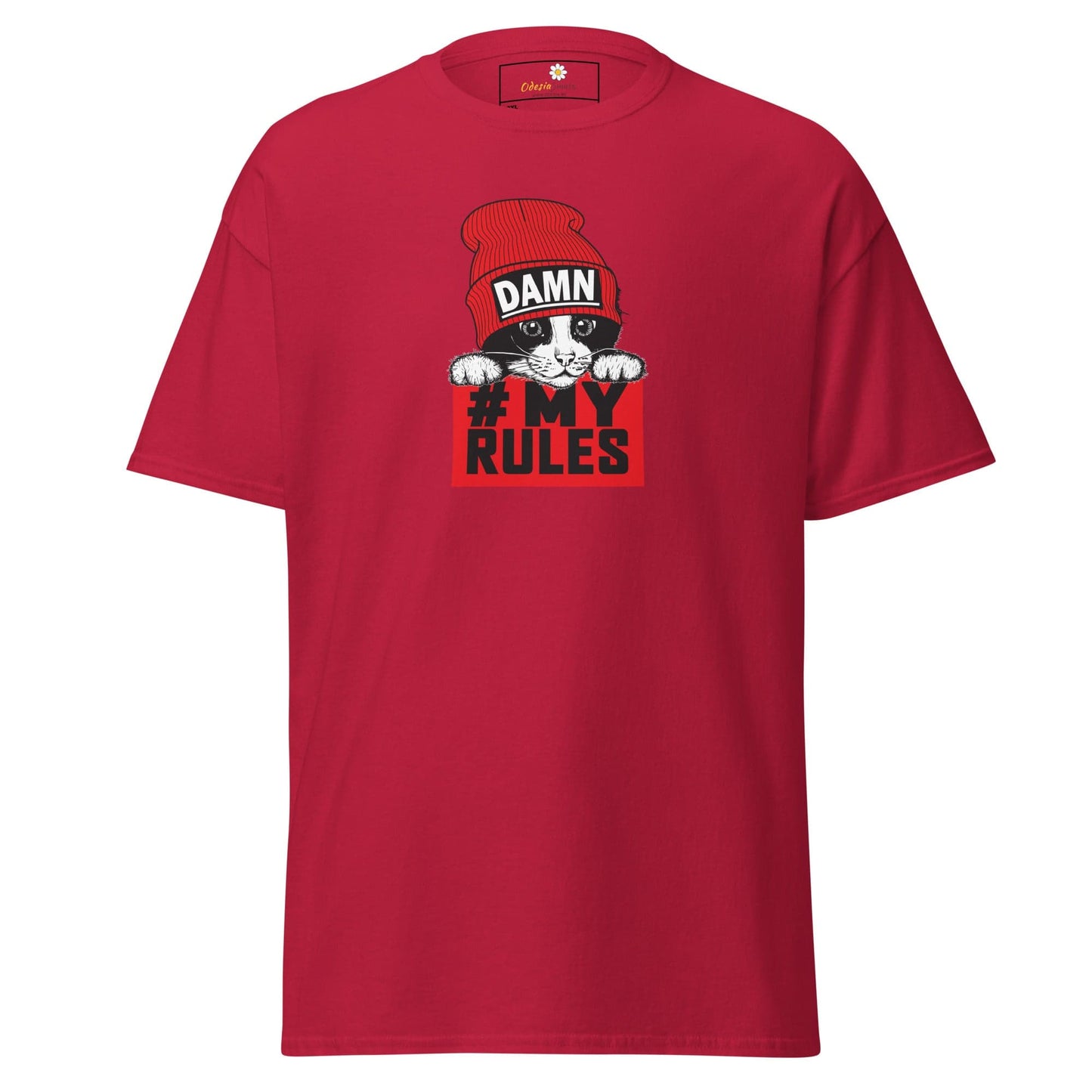 Red t-shirt with cat graphic.