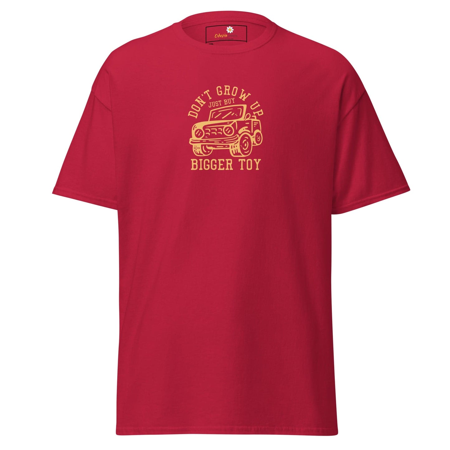 Red t-shirt with a car graphic.