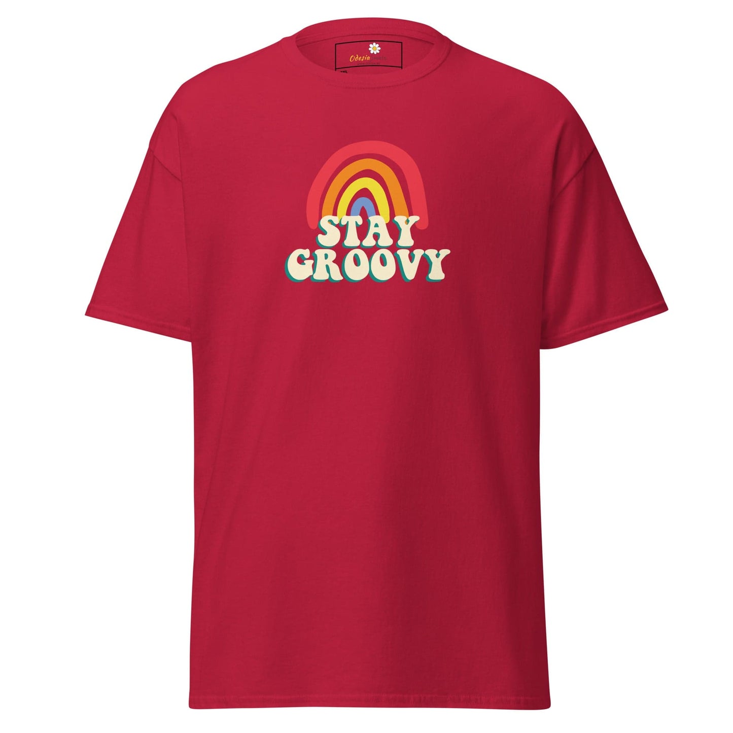Red t-shirt with rainbow and text.