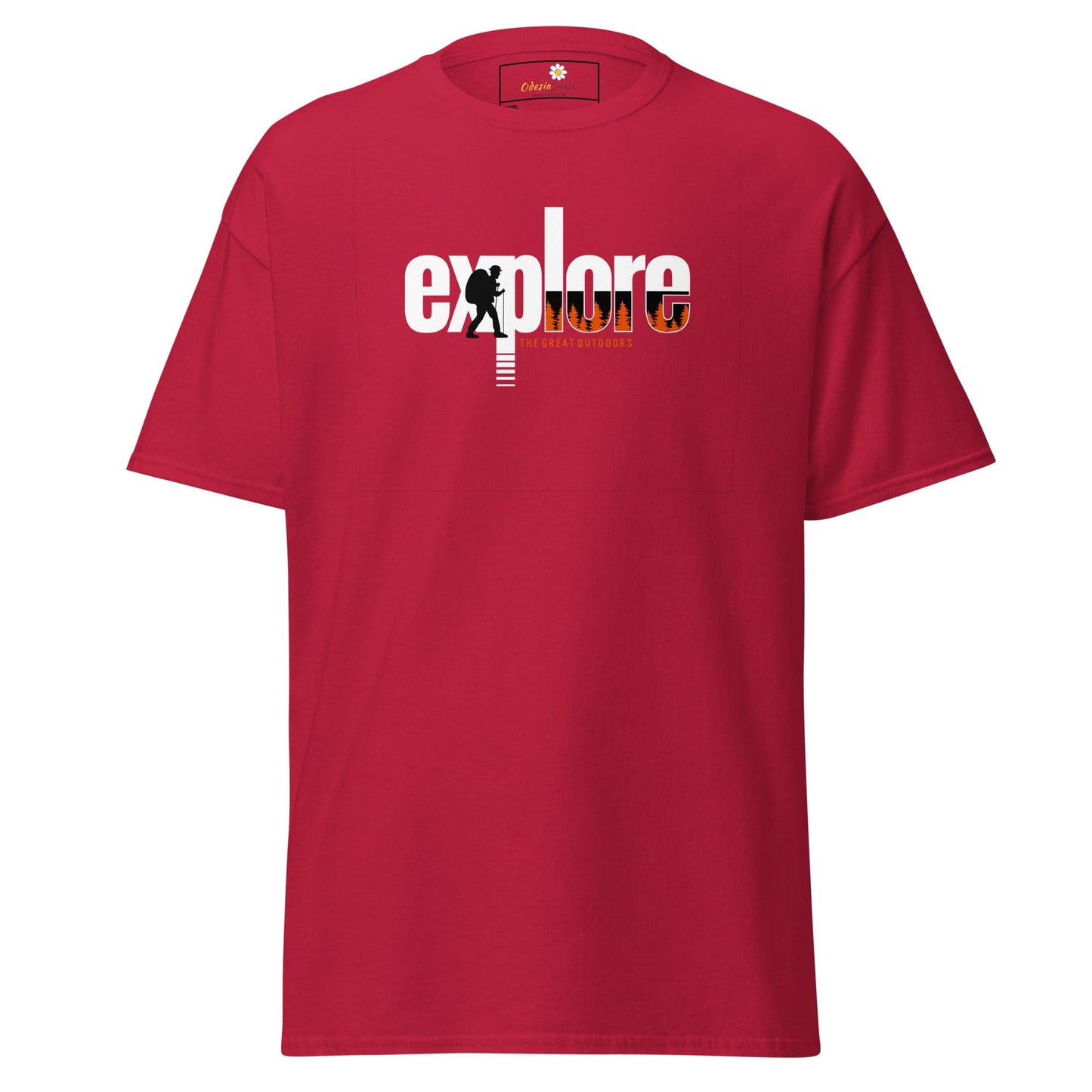 Red t-shirt with ’explore’ graphic.