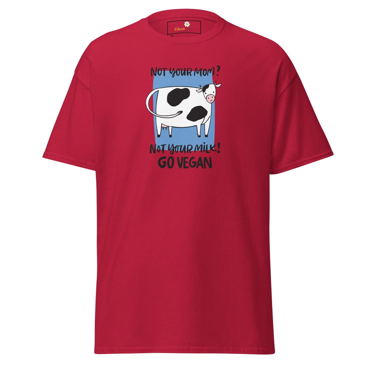Red t-shirt with cow graphic.
