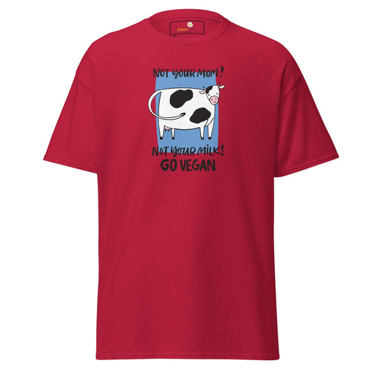 Red t-shirt with cow graphic.