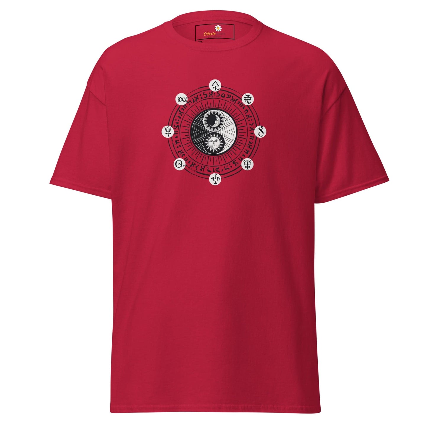 Red t-shirt with yin-yang design.