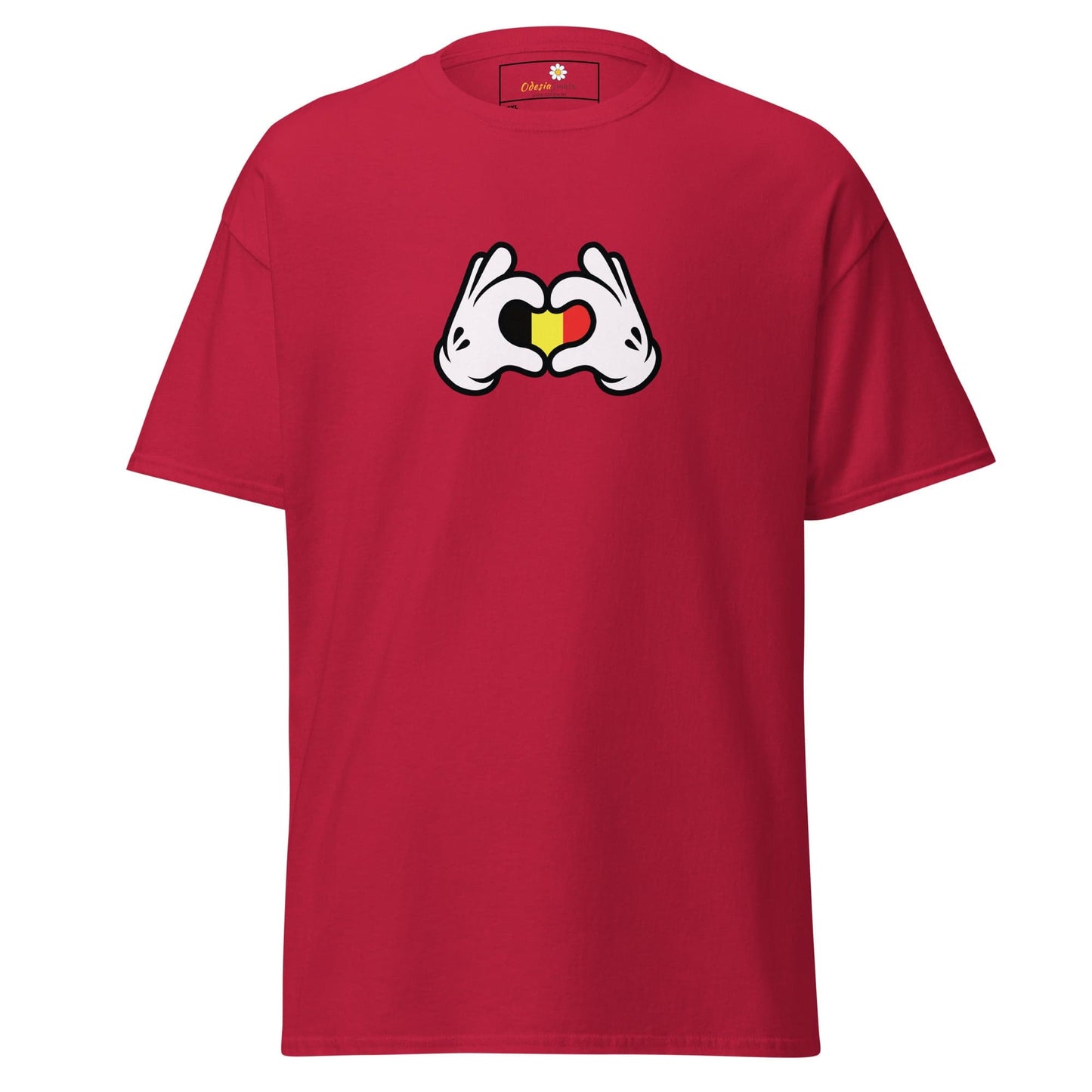 Red t-shirt with cartoon hands forming a heart with the colors of the Belgian flag.