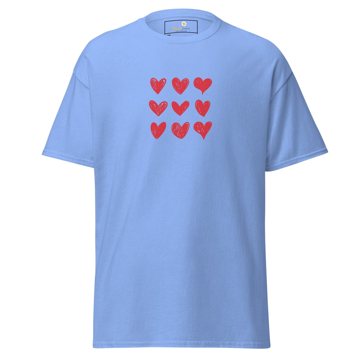 Light blue t-shirt with red heart pattern.
