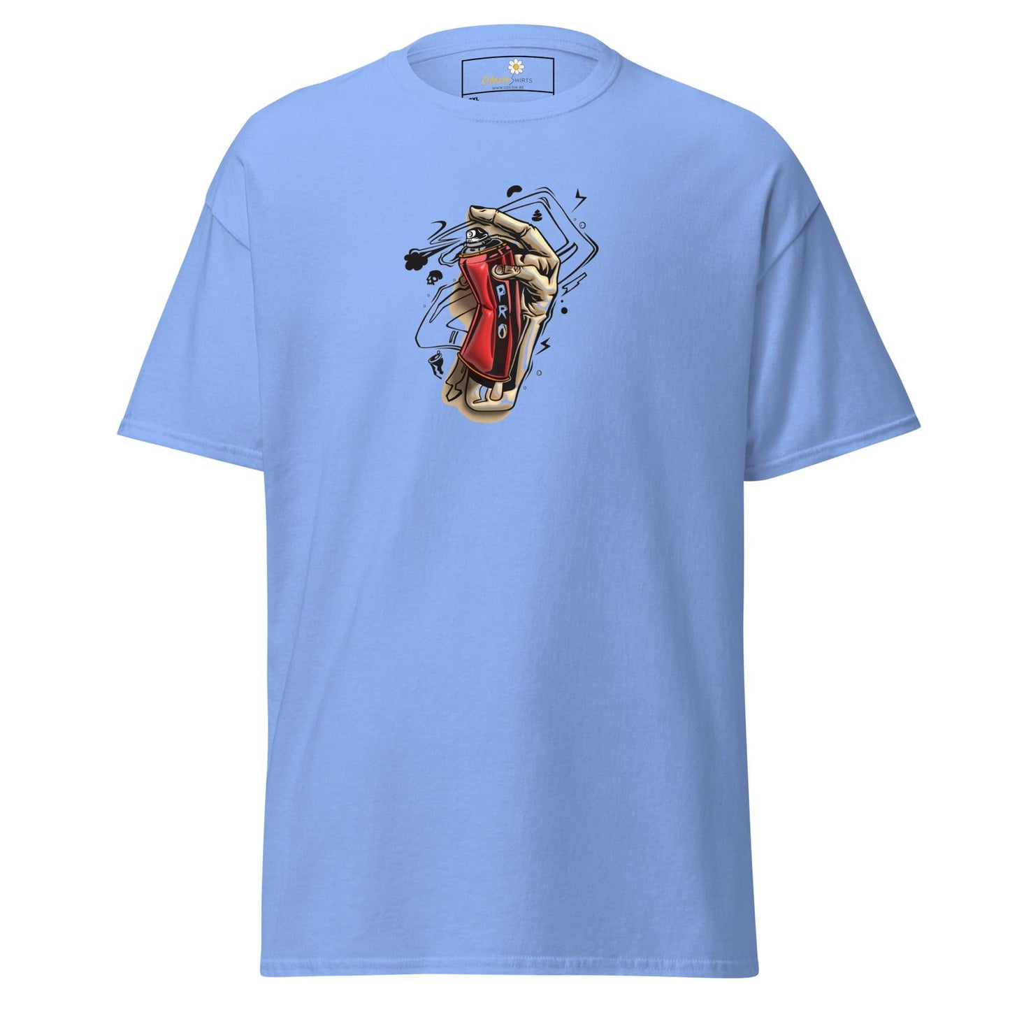 Light blue t-shirt with graphic.