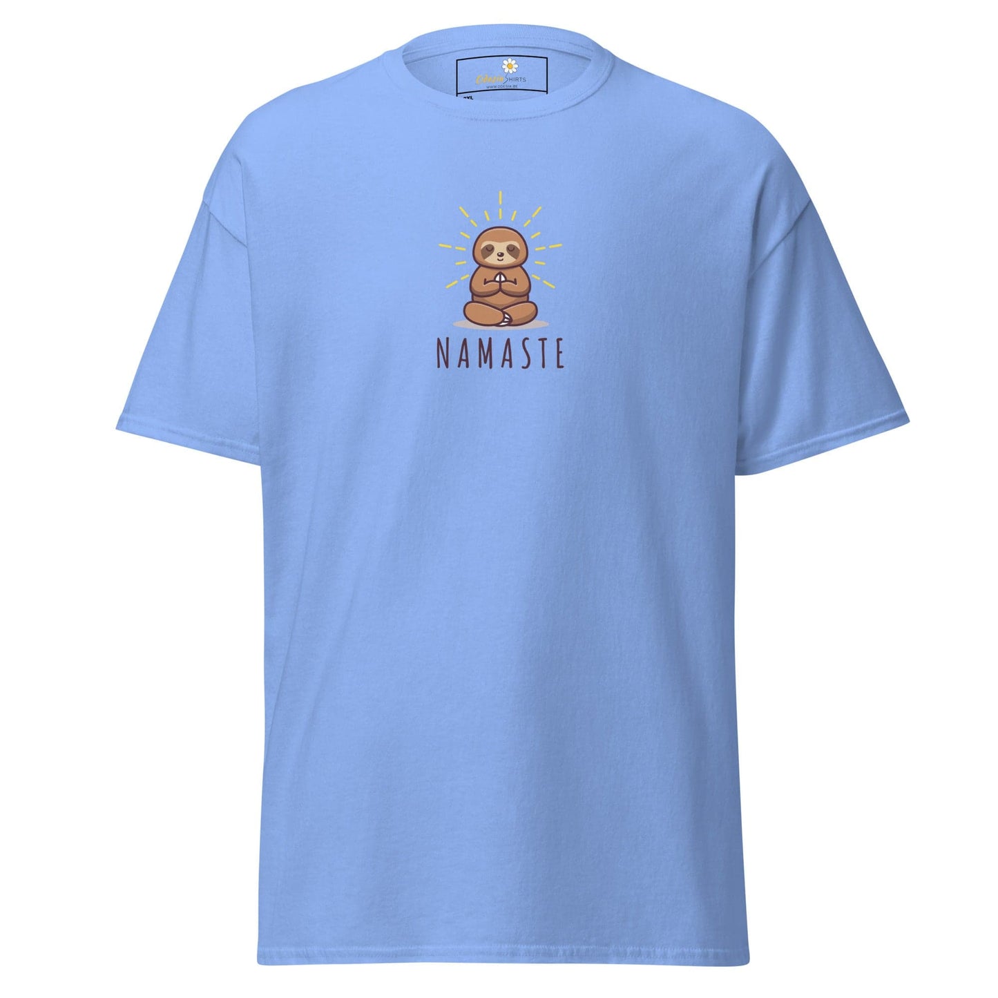 Light blue t-shirt with sloth design.