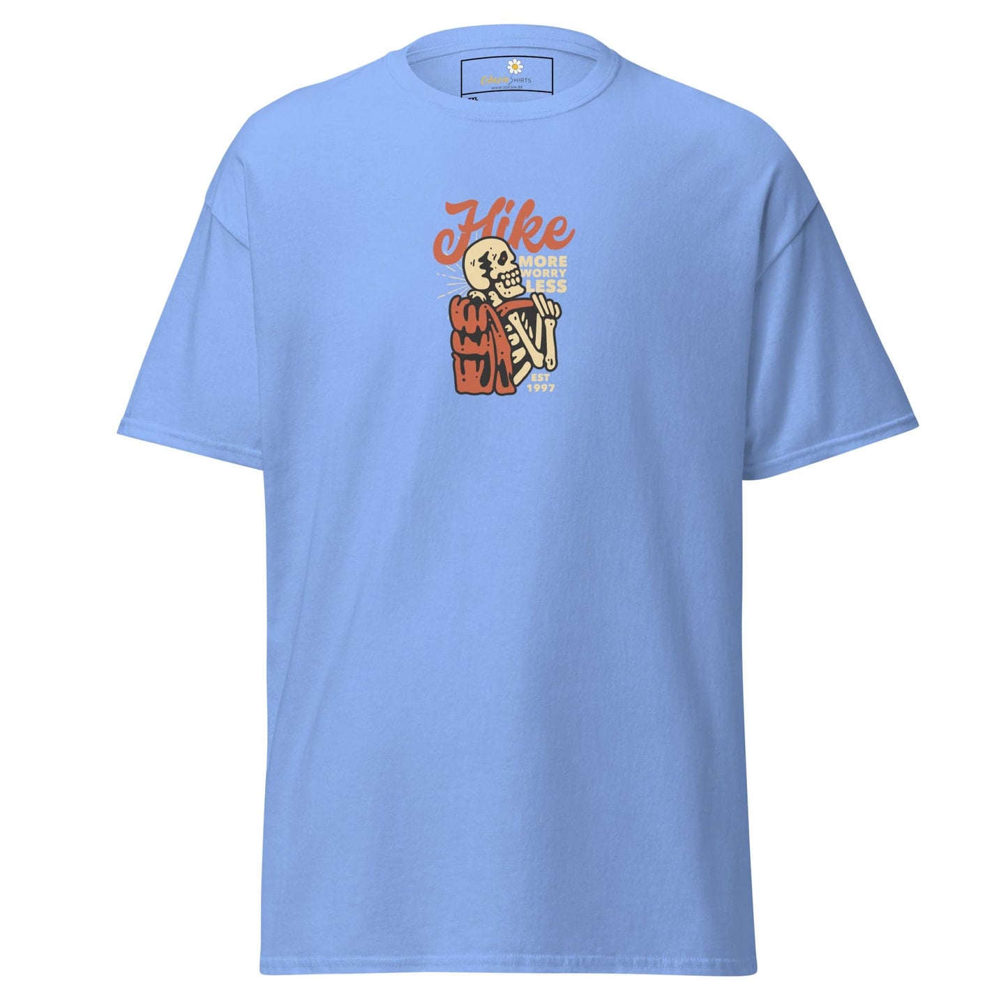 Light blue t-shirt with skeleton hiker graphic.