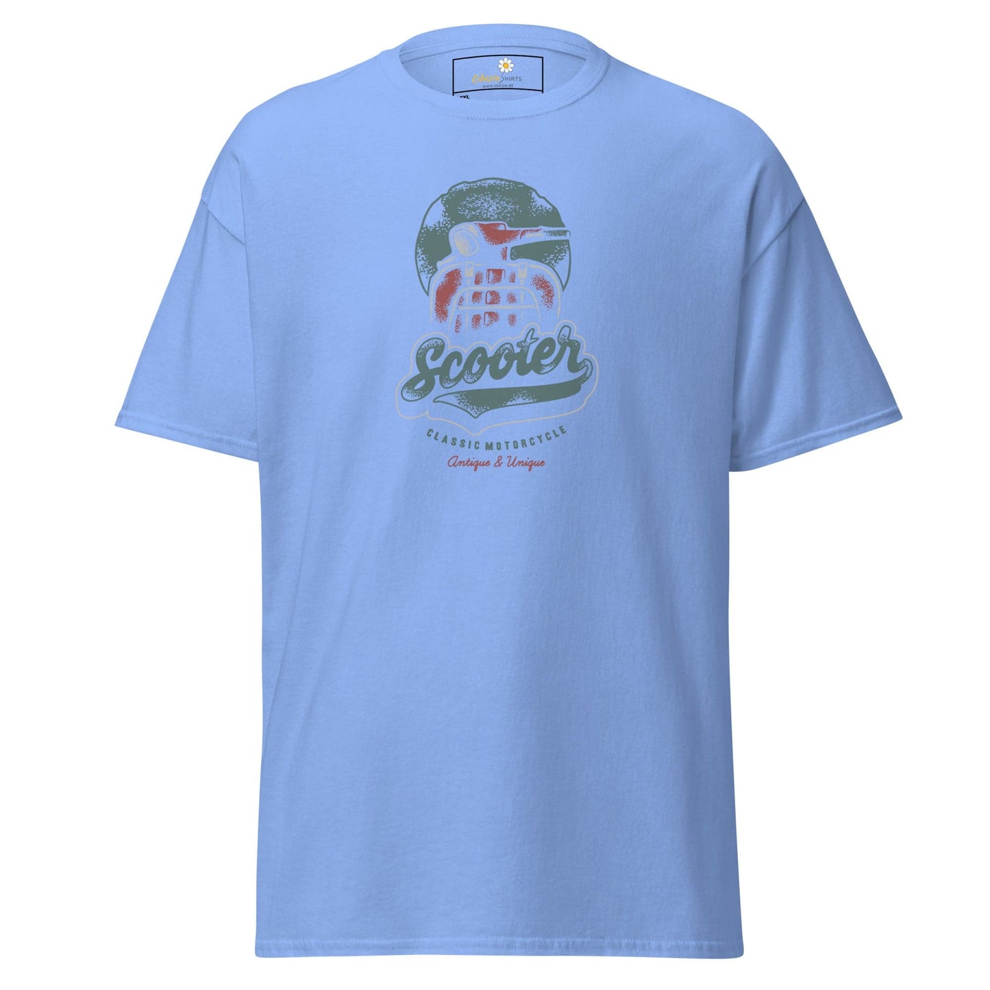Light blue t-shirt with scooter graphic.