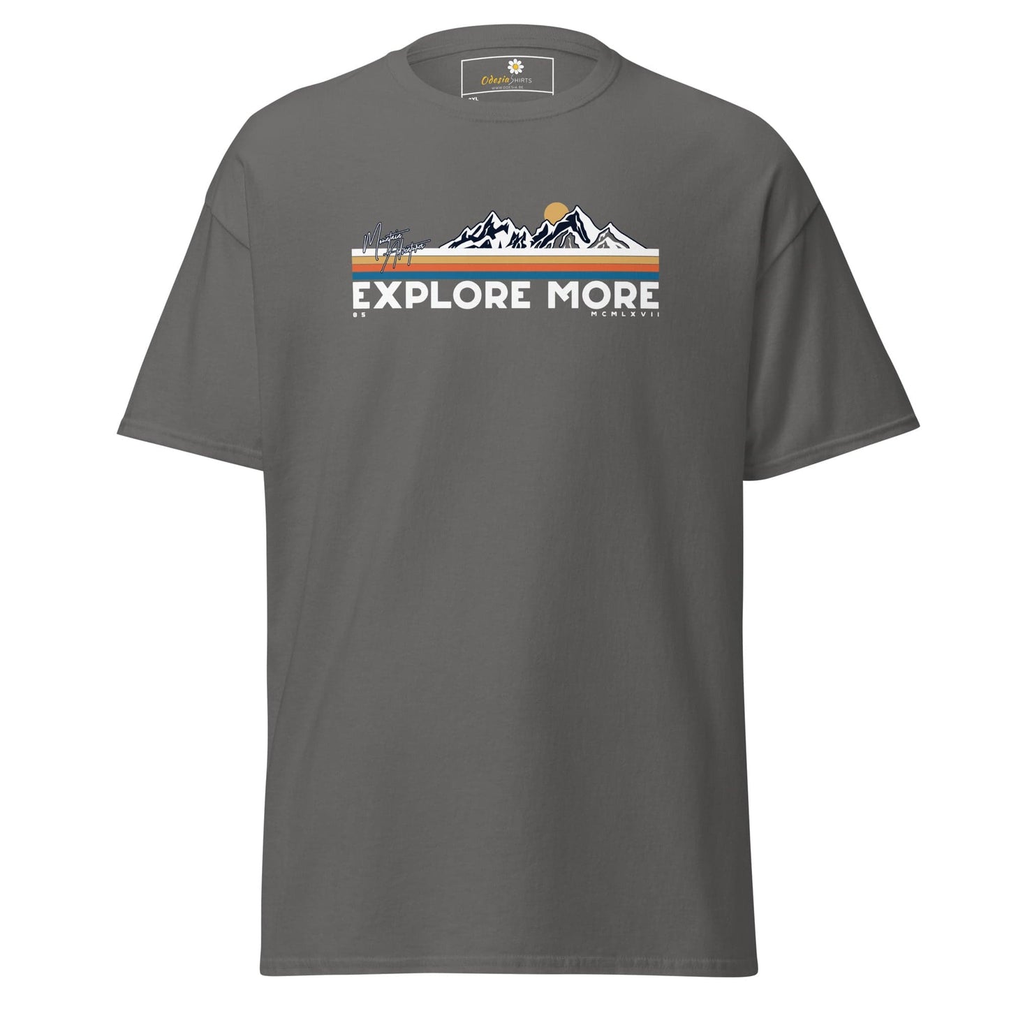 Gray t-shirt with mountain graphic.